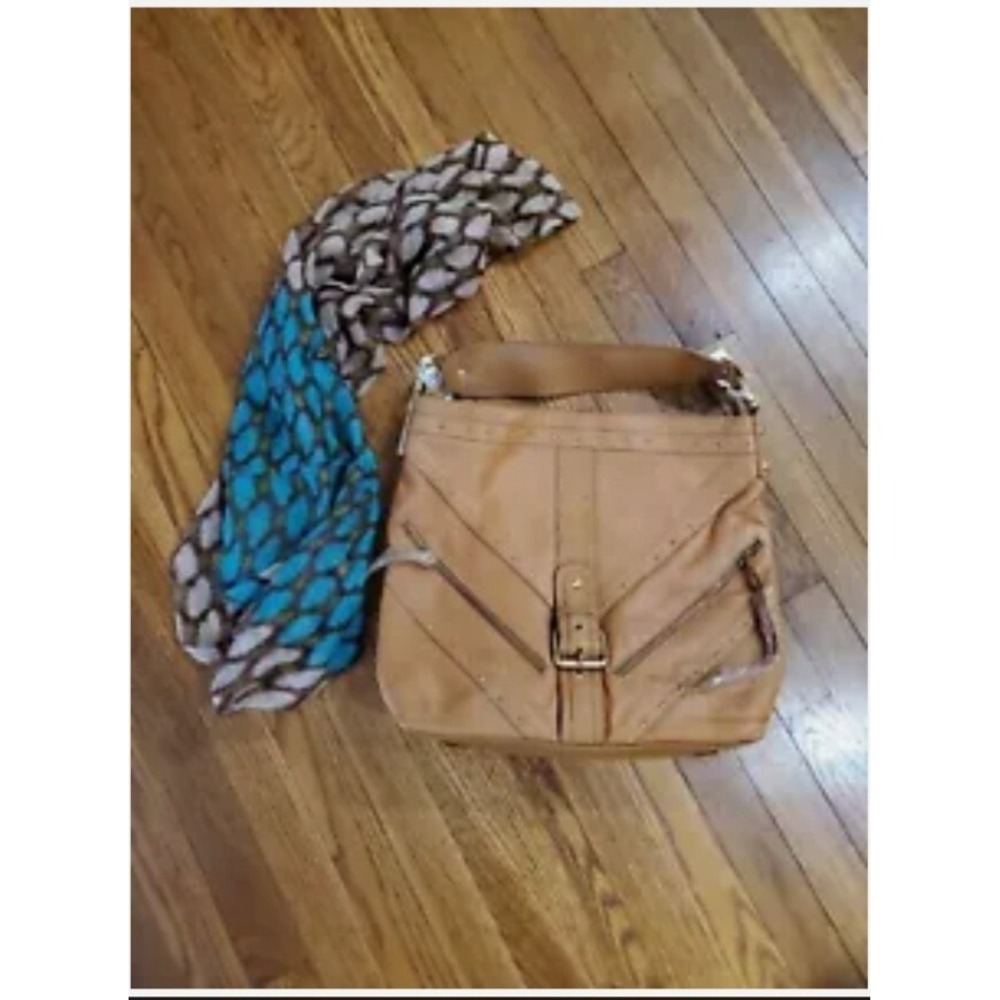 Tan Pebbled Leather Studded Hobo Shoulder Bag with Zipper Accents‎ & Scarf purse